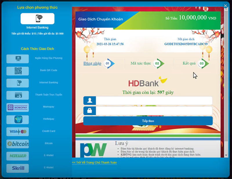 gửi tiền bằng internet banking