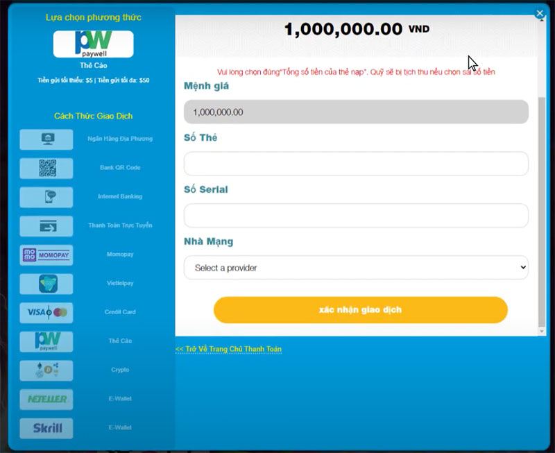 gửi tiền bằng thẻ cào điện thoại