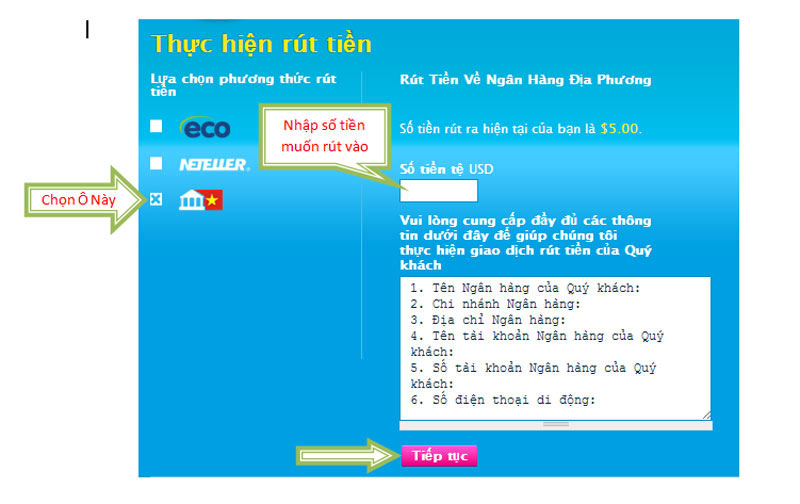 rút tiền về ngân hàng địa phương